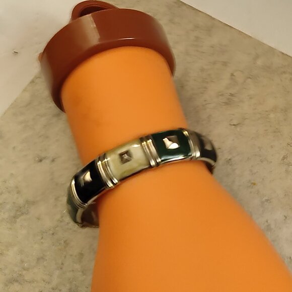 Clamper Bangle Bracelet Black & White Enamel Rhinestones Hinged - Picture 2 of 5